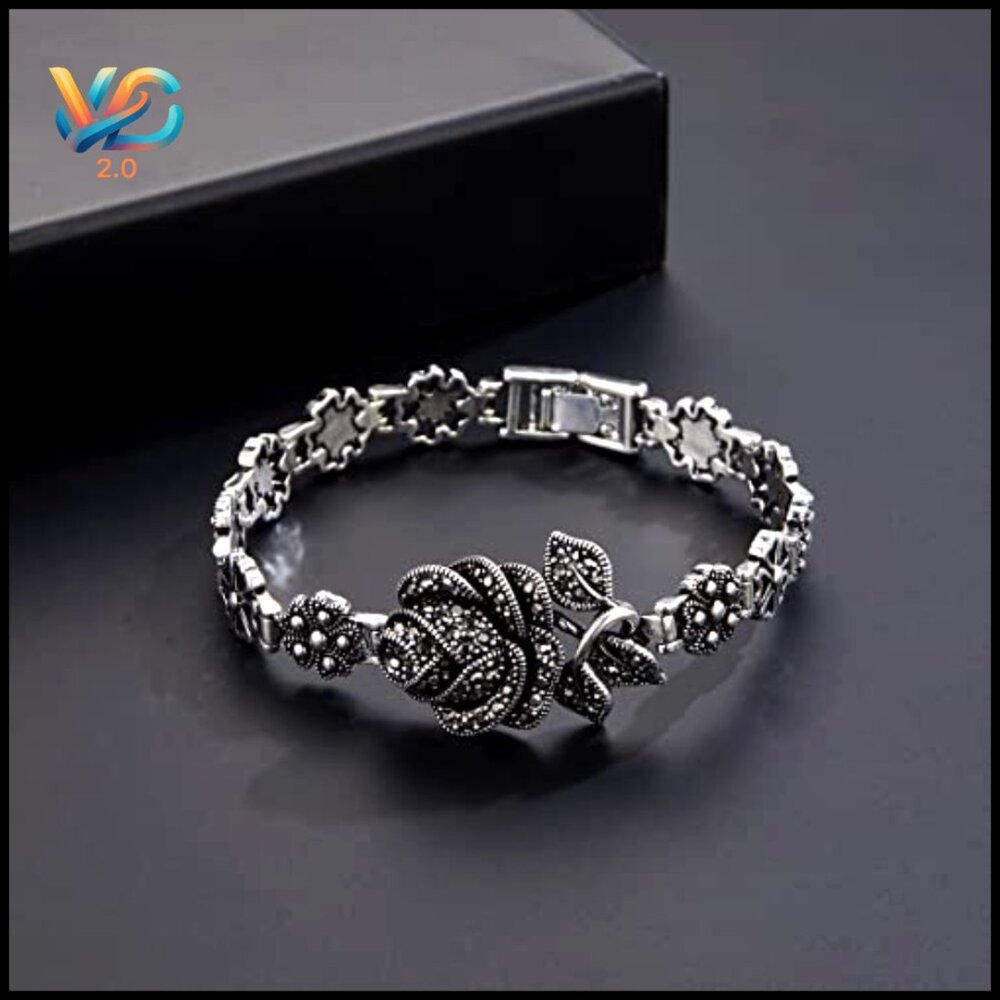 Vintage Silver Link Bracelet Marcasite Rose Flower Design Elegant Cuff‎ - Picture 5 of 7
